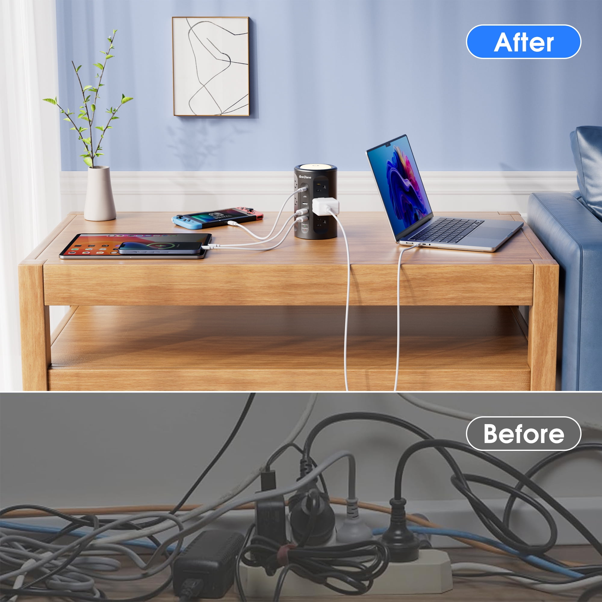 12 Outlets Power Strip Tower with Night Light, Surge Protector with 5 USB(4U+2C) Ports 10 FT Extension Cord