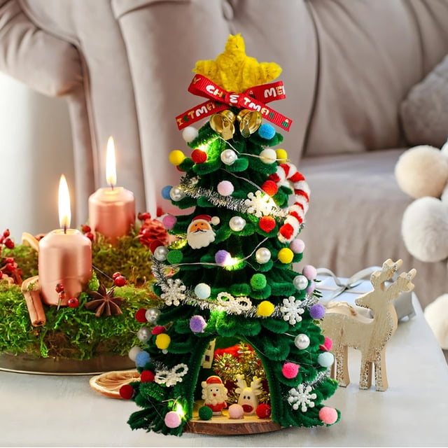 Suncoda Christmas Decorations Indoor, 10 in Diy Handmade Lighted Mini Christmas Tree Small Desktop Christmas Tree with 20 LED Cones and Christmas Decorations