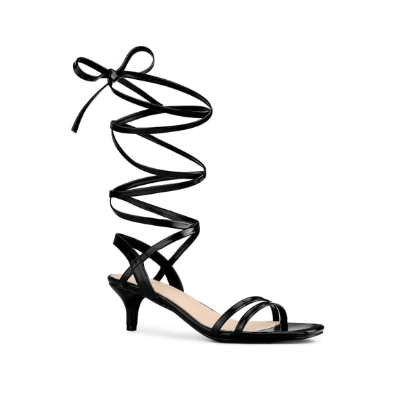 BLISSFUL STEP Women's Shoes Strappy Lace Up Kitten Heel Slingback Tie Up Open Toe Party Sandals  Black 9
