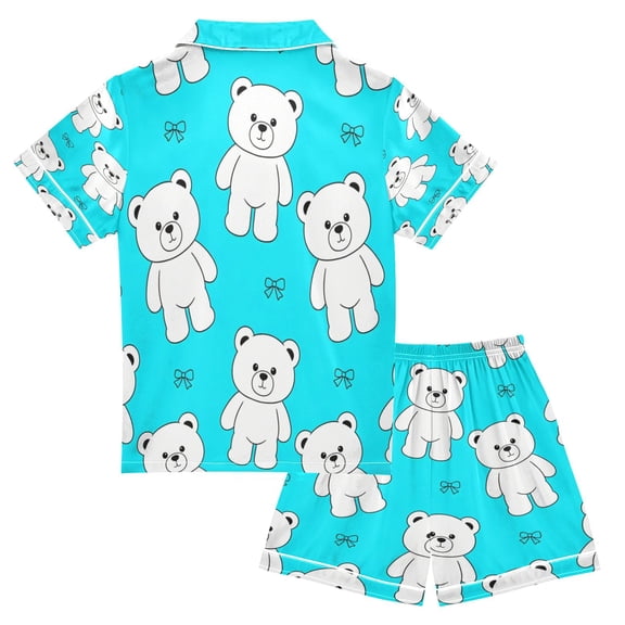Ttyddzy Pajama Sets for Boys&Girls, Soft Silky Satin Button-Up Pjs with Shorts for Spring/Summer, Blue Bear S