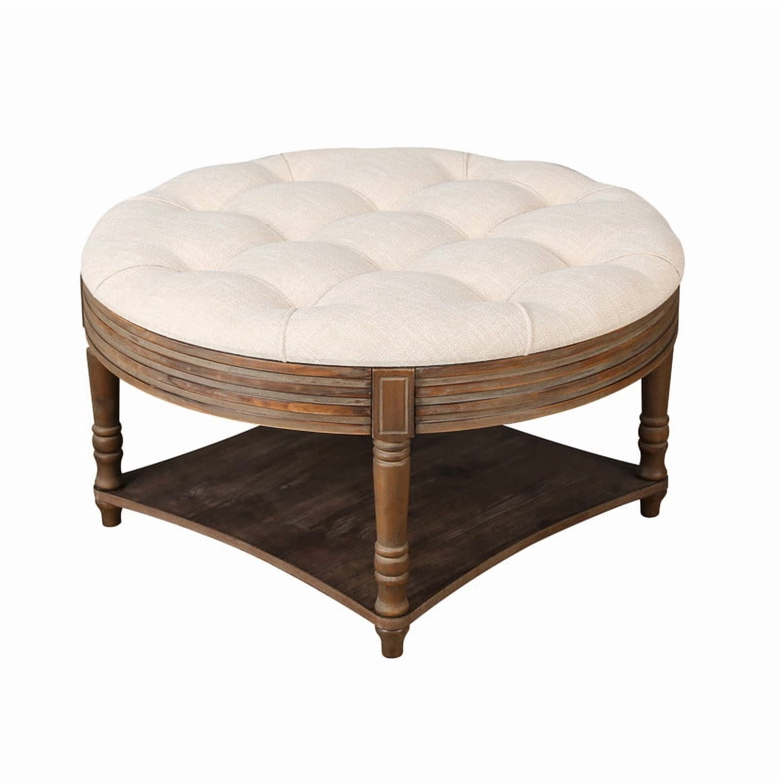 Round Storage Ottoman Coffee Table with Wooden Shelf, Oversized Tufted Upholstered Ottoman with Hidden Storage, Waterproof Linen Footrest for Living Room,Beige