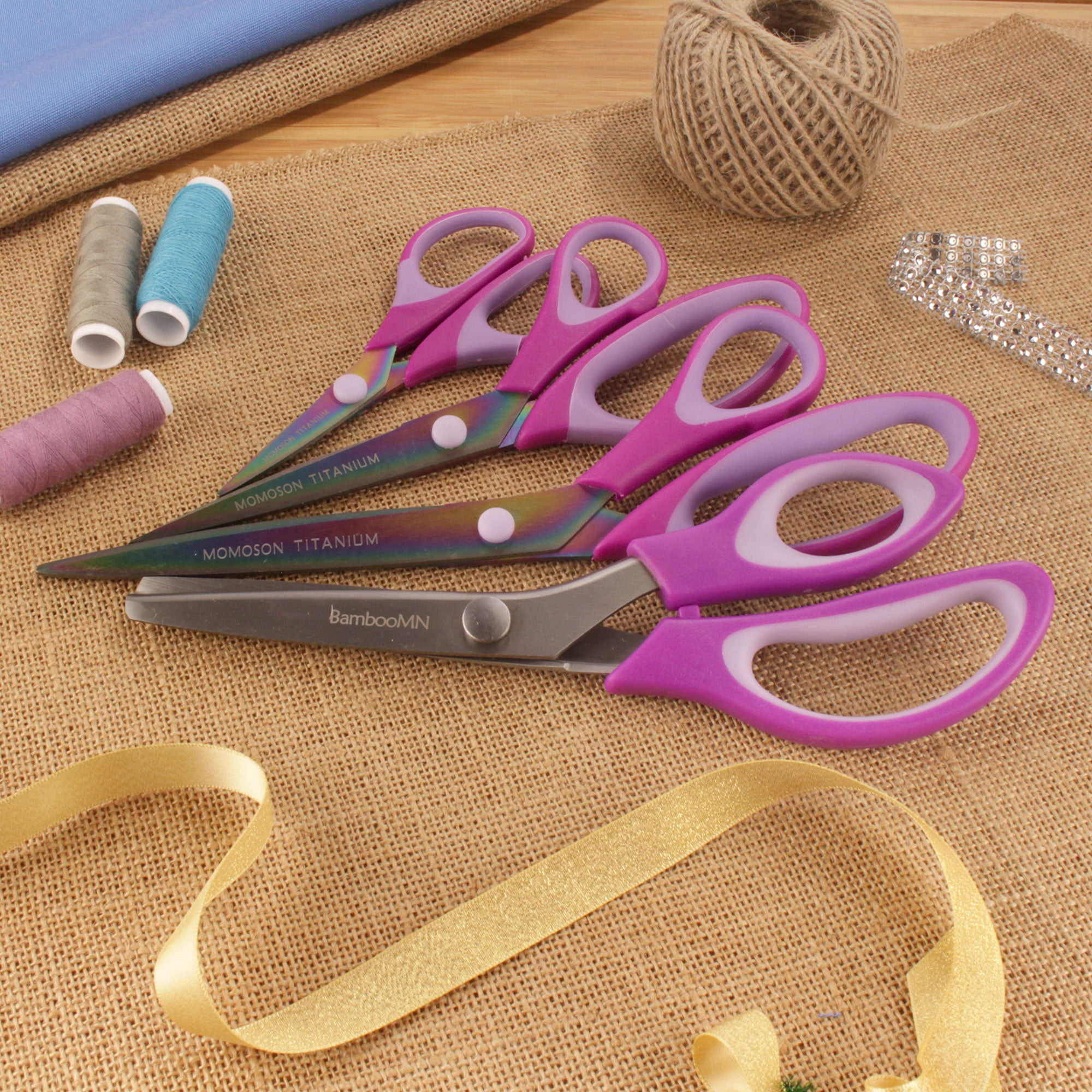 BambooMN Titanium Softgrip Scissors Set - Pinking, Sewing, Arts, Crafts, Office - 1 Set of 4 - Purple