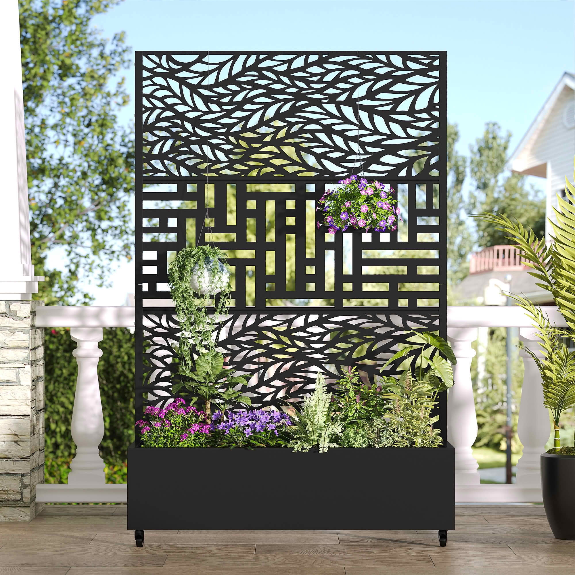 MAYEERTY 72x47x16 Inch Black Metal Planter Box with Trellis for Outdoor Garden & Patio