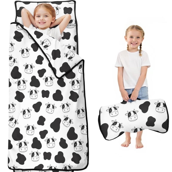 Cow and Spot White Pattern Teens Toddler Nap Mat with Pillow, Sleeping Mat Bag for Preschool Daycare 59"x22"