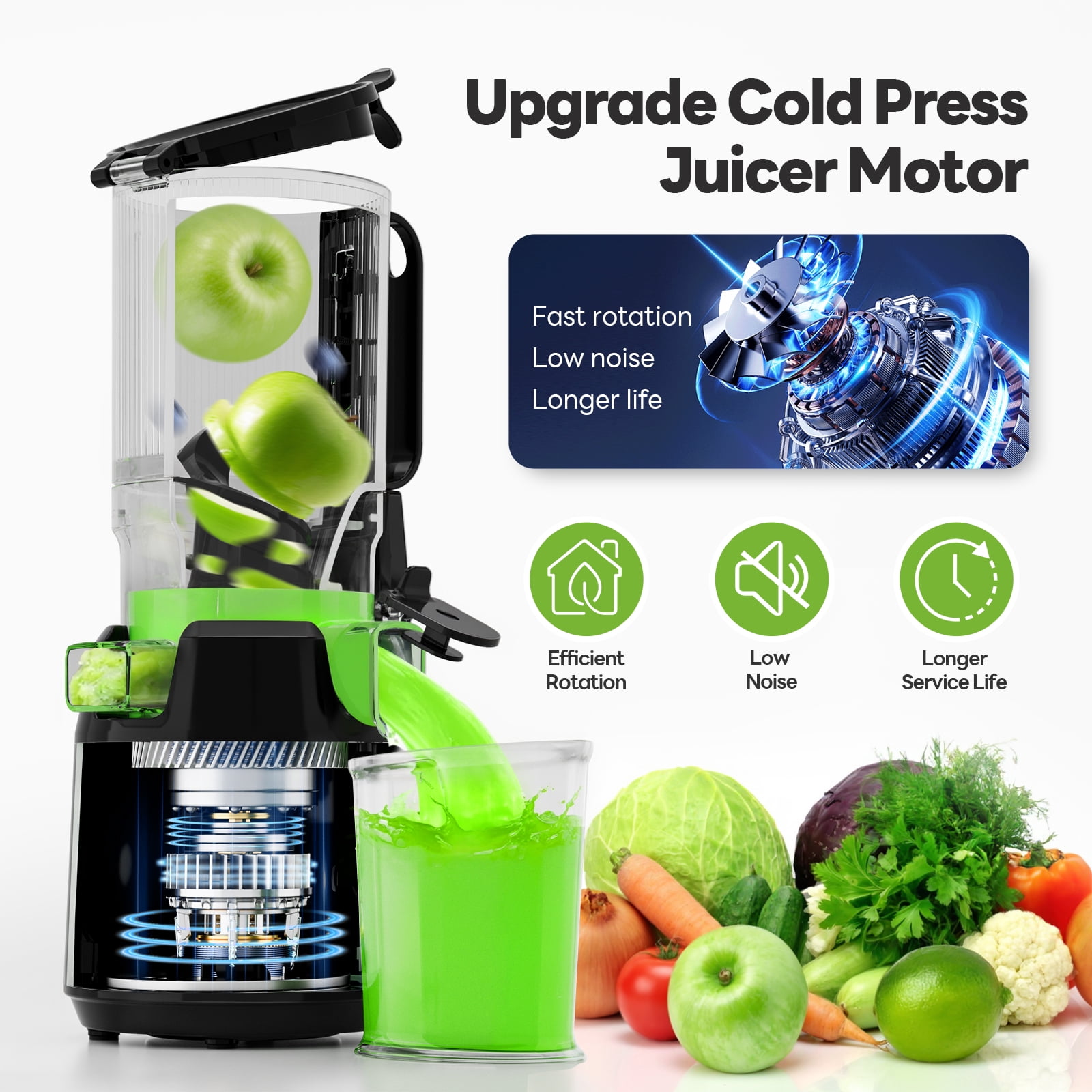 Aeitto Juicer Machines, Cold Press Juicer, 5.3" Extra Large Feed Chute for Whole Vegetables & Fruits, High Juice Yield Juice Maker,  1.7L Large Capacity Slow Masticating Juicer