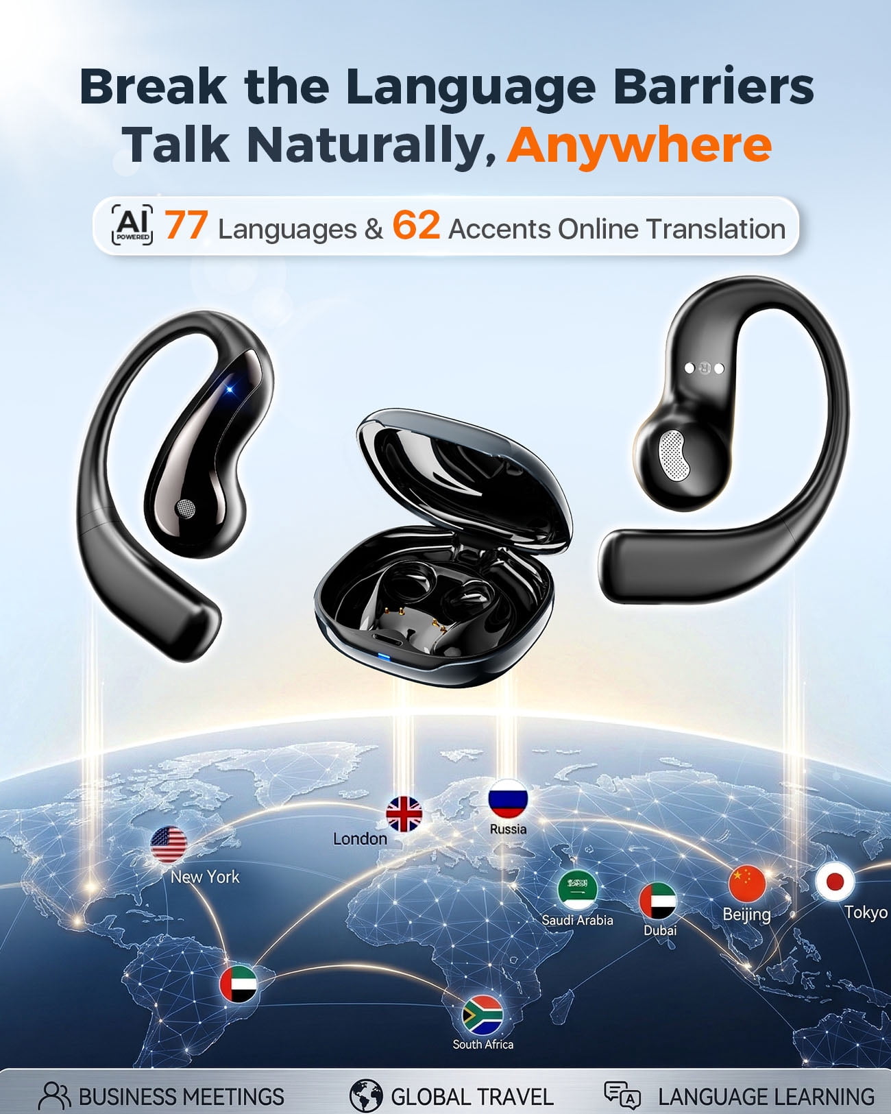 AI Translation Earbuds, Language Translator Earbuds with 77 Languages & 62 Accents, Open-Ear Bluetooth Headphones, 60H Battery, No Subscription for Travel Work Learning, Fathers Day Gifts for Dad