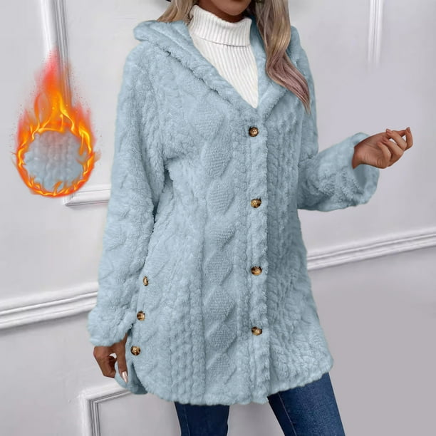 Chaquetas y abrigos casuales con capucha de manga larga para mujer, chaqueta cálida de invierno con capucha de manga larga, chaqueta de felpa con botones de color liso, blusa para mujer