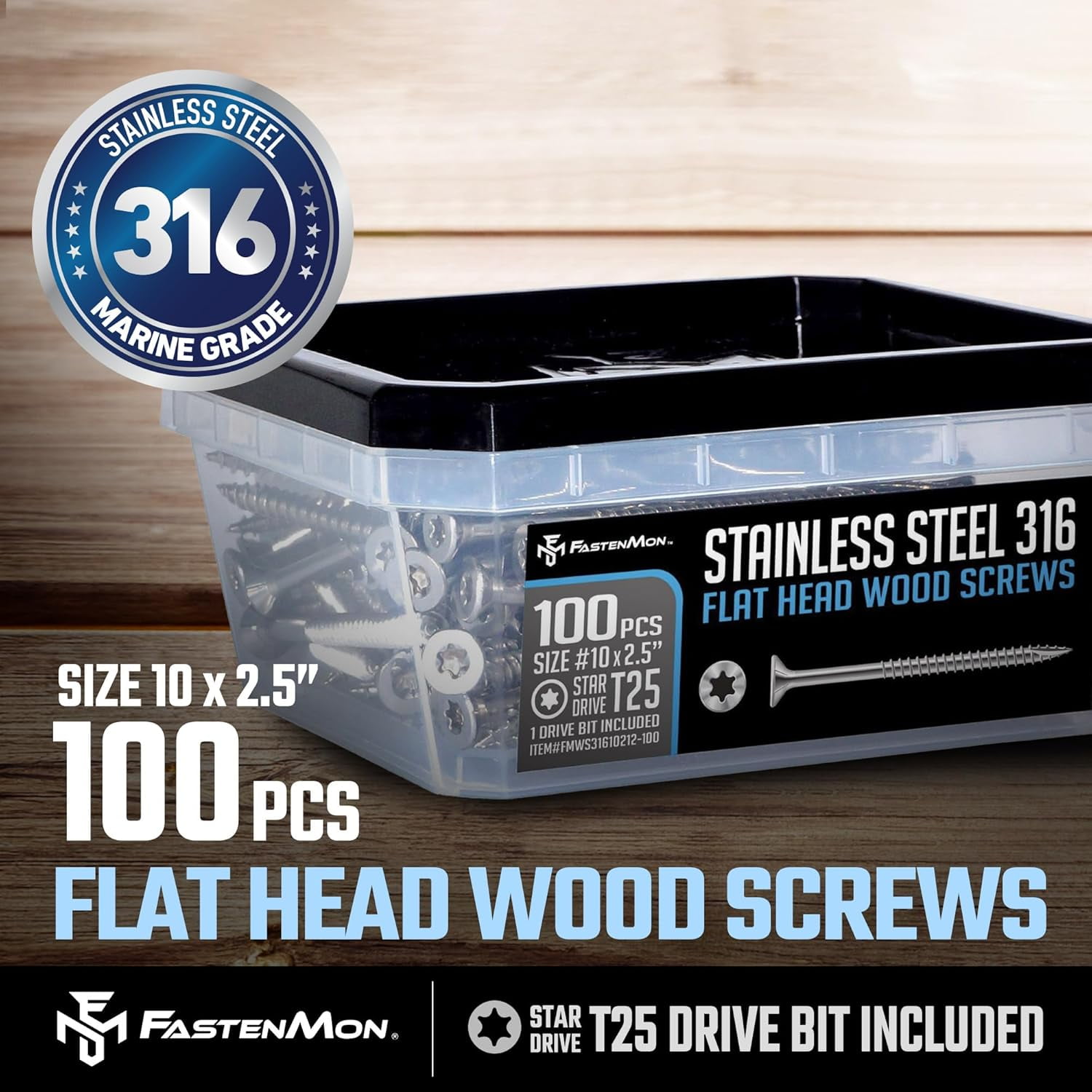 FM FASTENMON #10 x 2-1/2 inch 316 Stainless Steel Deck Screws, T25 Star Drive, 100 pack