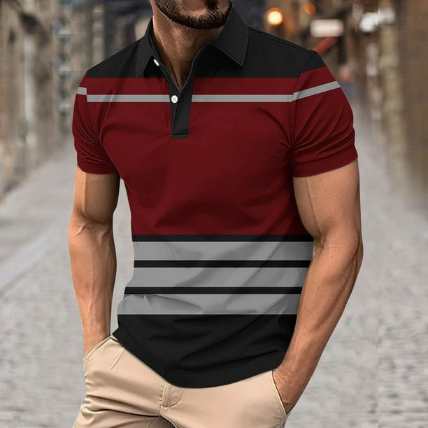 Blusa y camisa de manga corta con cuello vuelto para hombre, blusa deportiva informal con botones y estampado de rayas, blusa de manga corta con cuello vuelto para hombre, blusa de poliéster para homb
