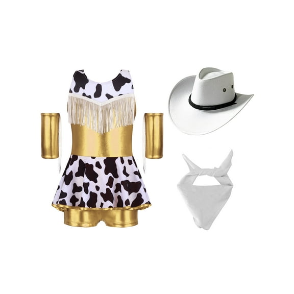 Xnihocha Kids Western Cowboys Cowgirls Outfit Jazz Dancewear Shiny Tassel Leotard Tutu Skirt Bandanna Cuff Hat Glod 16