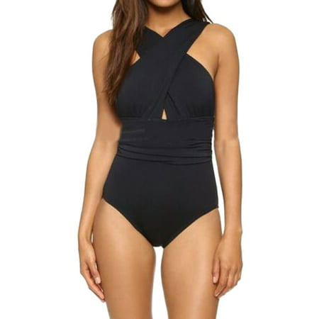 WLLW Women Sexy Swimwear One Piece Summer Solid Color Chest Cross Bodysuit Bathing Suit