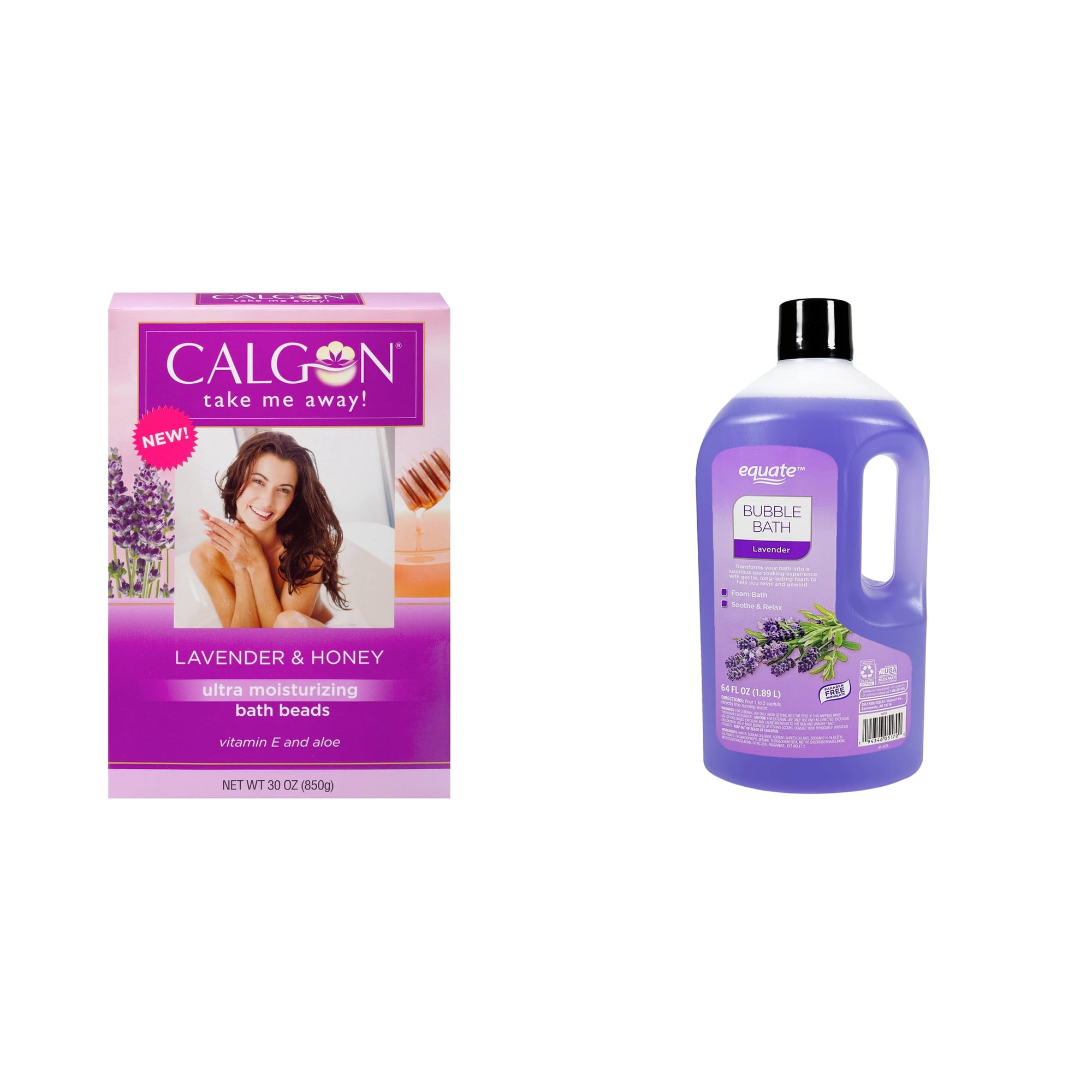 Calgon Lavender Moisturizing Bath Beads with Aloe & Vitamin E & Equate Bubble Bath, Lavender Bundle