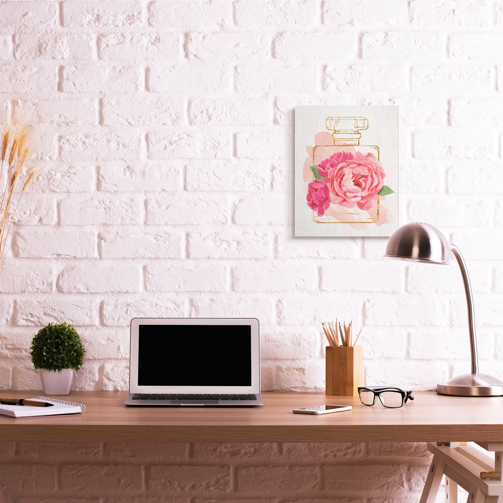 Stupell Industries Golden Perfume Bottle Glam Pink Floral Bloom Canvas Wall Art, 16 x 20, Design by Annie Warren