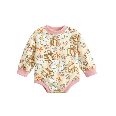 

SHIBAOZI Infant Baby Girls Long Sleeve Romper Crewneck Rainbow Floral Loose Oversized Bodysuit One Piece Autumn Winter Clothes