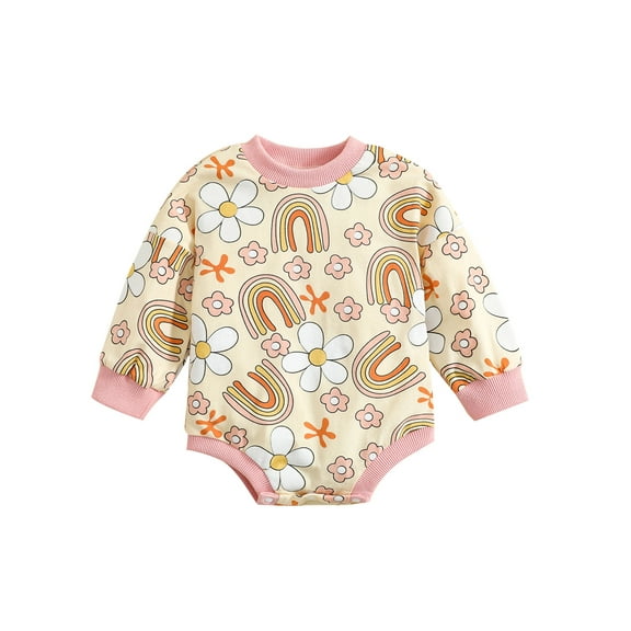 Bagilaanoe Newborn Baby Girl Boy Oversized Romper Sweatshirt Long Sleeve Bodysuit Rainbow / Floral Print Pullover 6M 12M 18M 24M Fall Tops