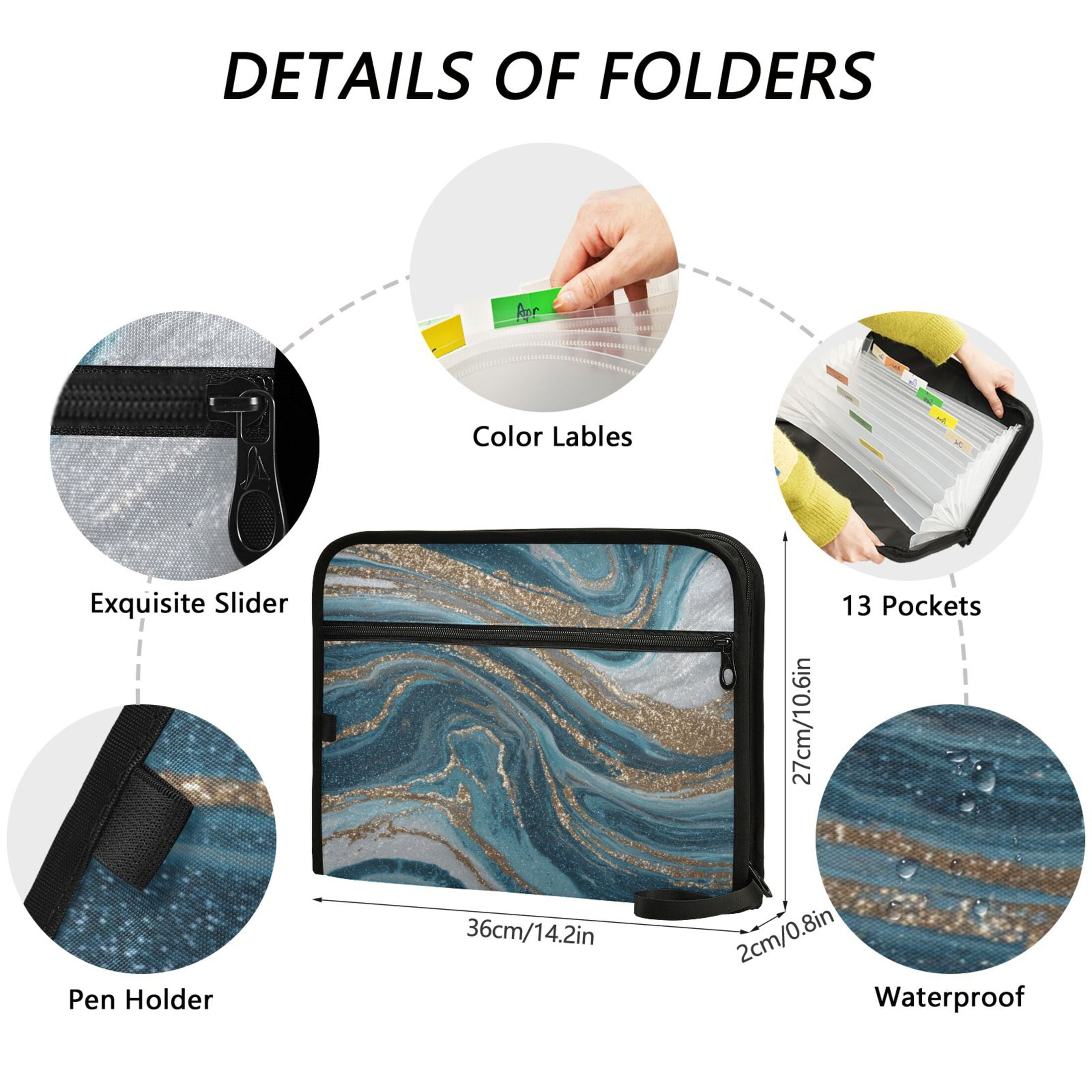 Accordion File Organizer with Zip Closure 13 Pockets Expanding File Folder Letter A4 Paper Document Organizer for Home Office Blue and Gold Swirling