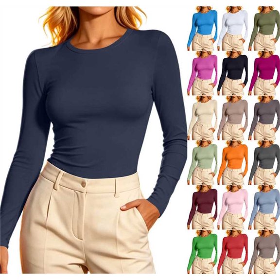 Stamzod Long Sleeve Shirts for Women Slim Fit Crewneck Basic Tee Stretchy Casual Layering Undershirts