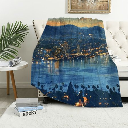 Patifu USA Throw Blanket, San Diego at Sunrise in Harbor Waterfront Cityscape Business District, Flannel Fleece Accent Piece Soft Couch Cover for Adults, 70" x 90", Pale Blue White