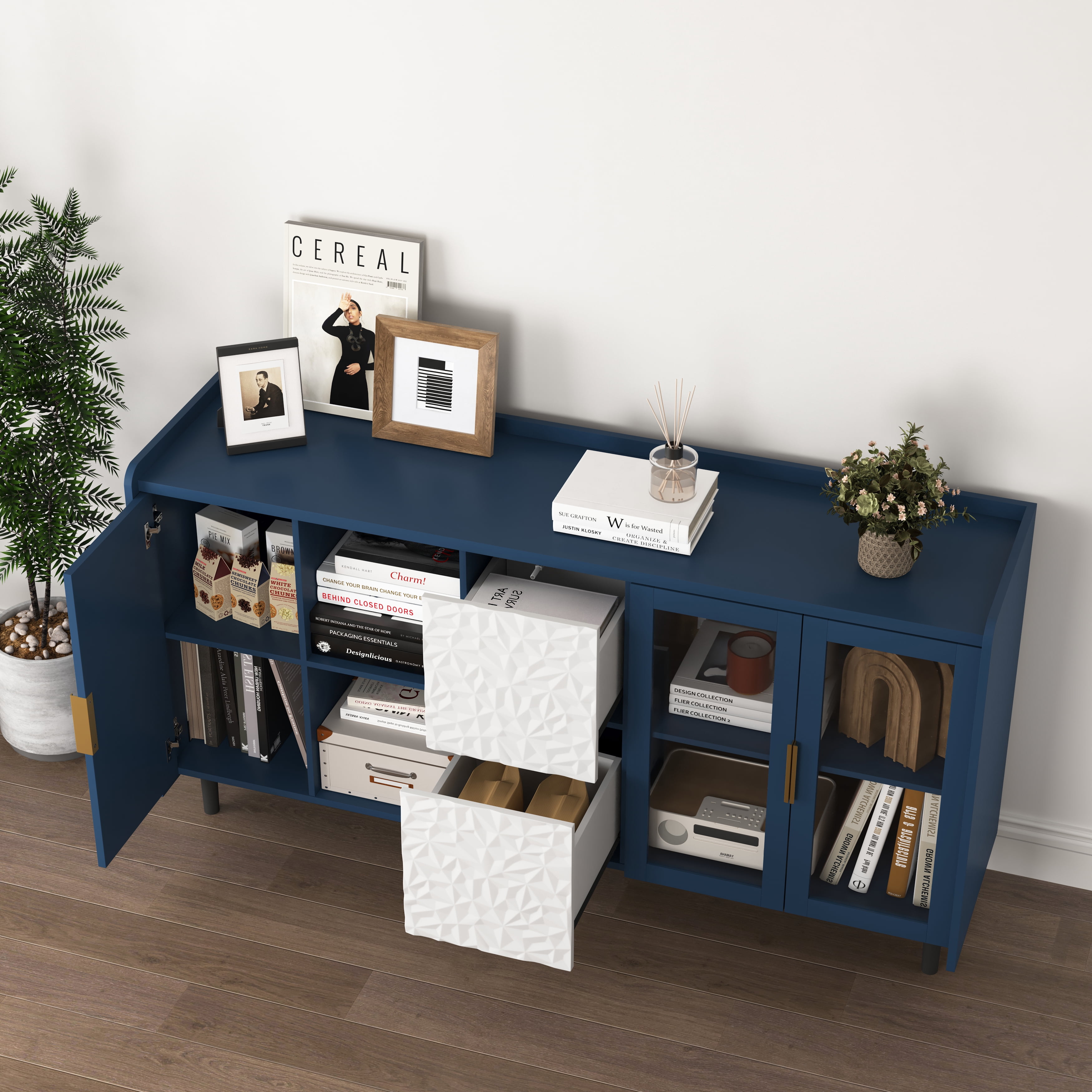MAYEERTY Blue Kitchen Pantry Storage Cabinet, 55" Coffee Bar Cabinet with Glass Doors & Drawers
