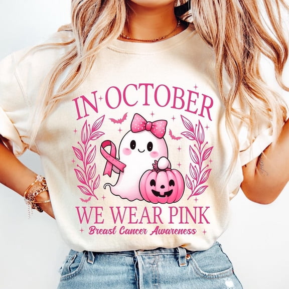 In October We Wear Pink PNG Png, Breast Cancer Awareness Png, Retro Breast Cancer Png, Halloween Pink Ghost png,Halloween Shirt Sublimation