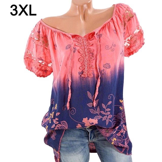 Blusa Camisa estampada de manga corta con cuello en V Blusa suelta Mujer Top de verano, Rojo claro, 3XL Kearding AP001925-46