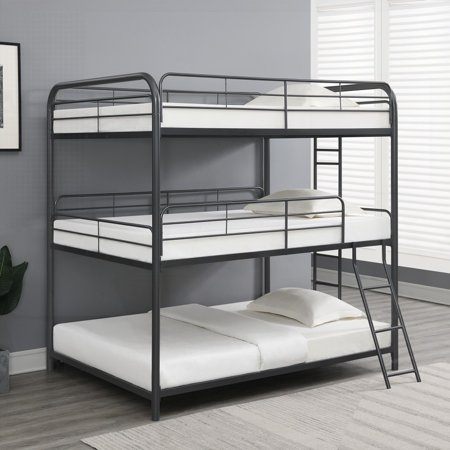 Triple Bunk Bed in Black (FULL/FULL/FULL), Sturdy Steel Metal Structure for Safety