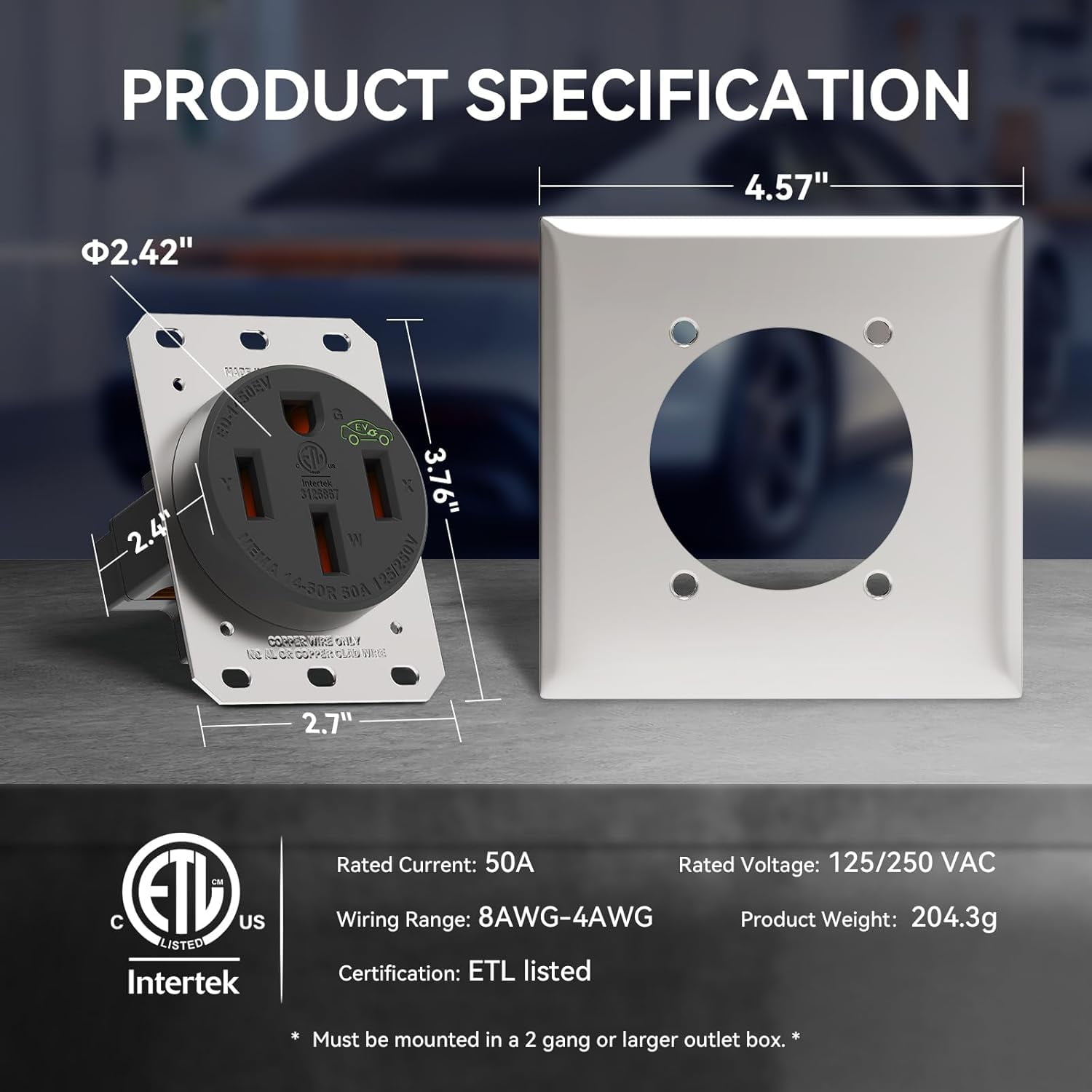 RVGUARD 50 Amp EV Charging Receptacle, NEMA 14-50R EV Power Outlet, 125/250 Volts, Ideal for Electric Vehicles, RVs, and Large Appliance, ETL Listed.
