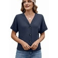 thumbnail image 2 of Women's Waffle Knit Shacket V-Neck Short Sleeve Casual Summer Top Dressy Blouse Royal blue XL, 2 of 10