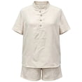 thumbnail image 5 of Arlun Womens Linen 2 Piece Sets Neck Button up Short Sleeve Shirts and Wide Leg Shorts Set Summer Relaxed Fit Casual Two Piece Outfits Solid Color Matching Set Daily Wear Grey S, 5 of 5