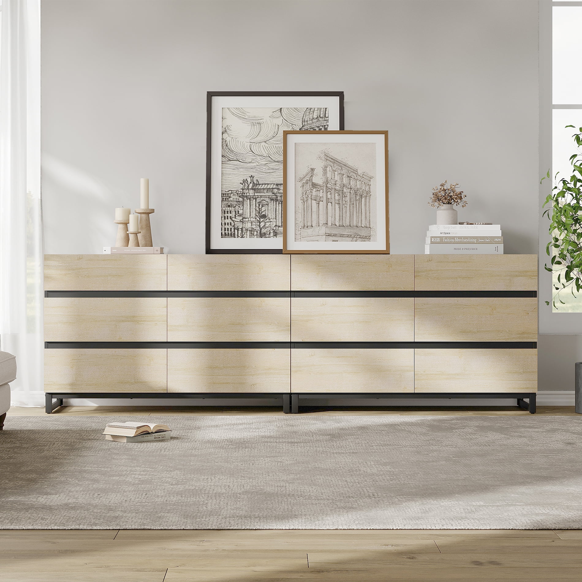 WAMPAT Modern 12-Drawer Wooden Dresser, Large Chest of Drawers with Sturdy Metal Base, Freestanding Closet Storage Organizer for Bedroom Living Room, Beige
