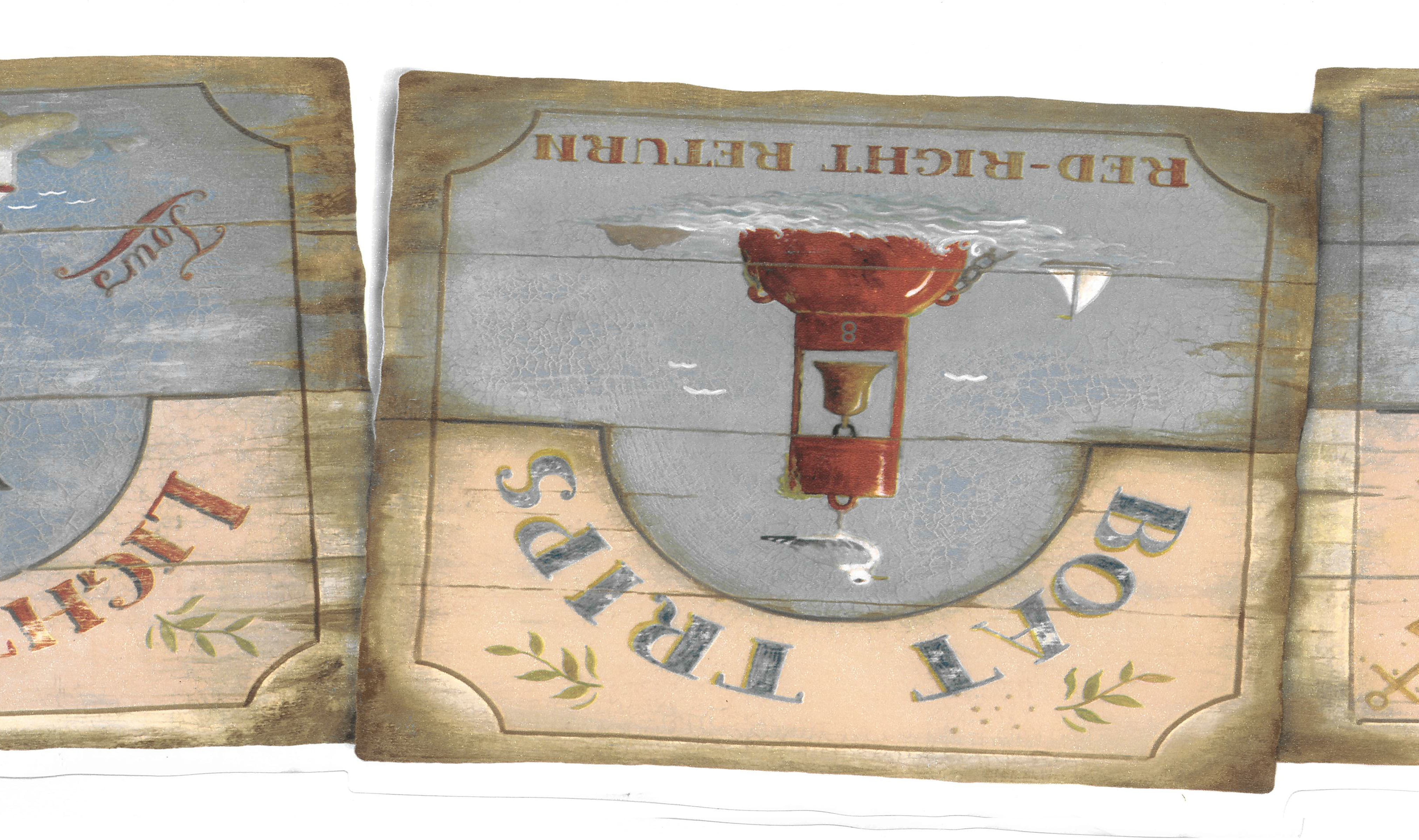 Prepasted Wallpaper Border Nautical Blue, Red, Brown Maritime Signs