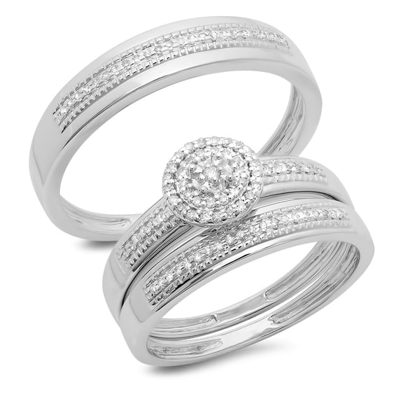 0.27 Carat (ctw) 10K White Gold Round Cut Diamond Men & Women's Cluster Engagement Ring Trio Bridal Set 1/4 CT