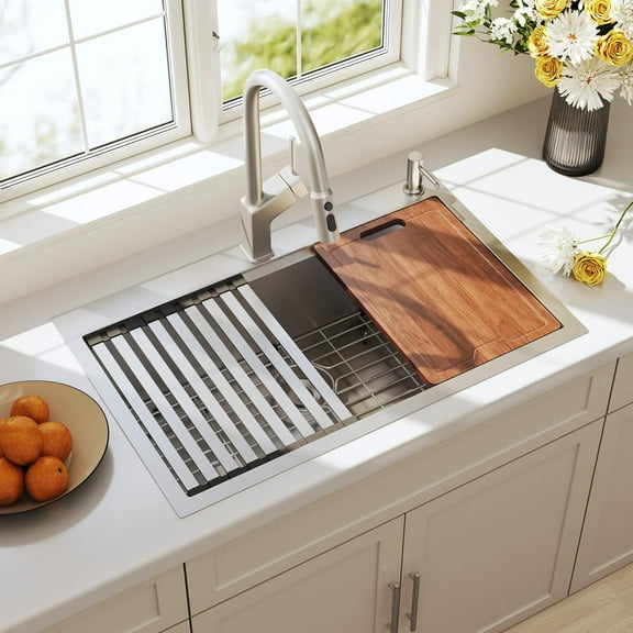 33 Inch Drop In Workstation Kitchen Sink 33x22 Topmount 16 Gauge Stainless Steel Deep Spacious Single Bowl Handmade Sinks with Ledge 33" x 22" x 9"