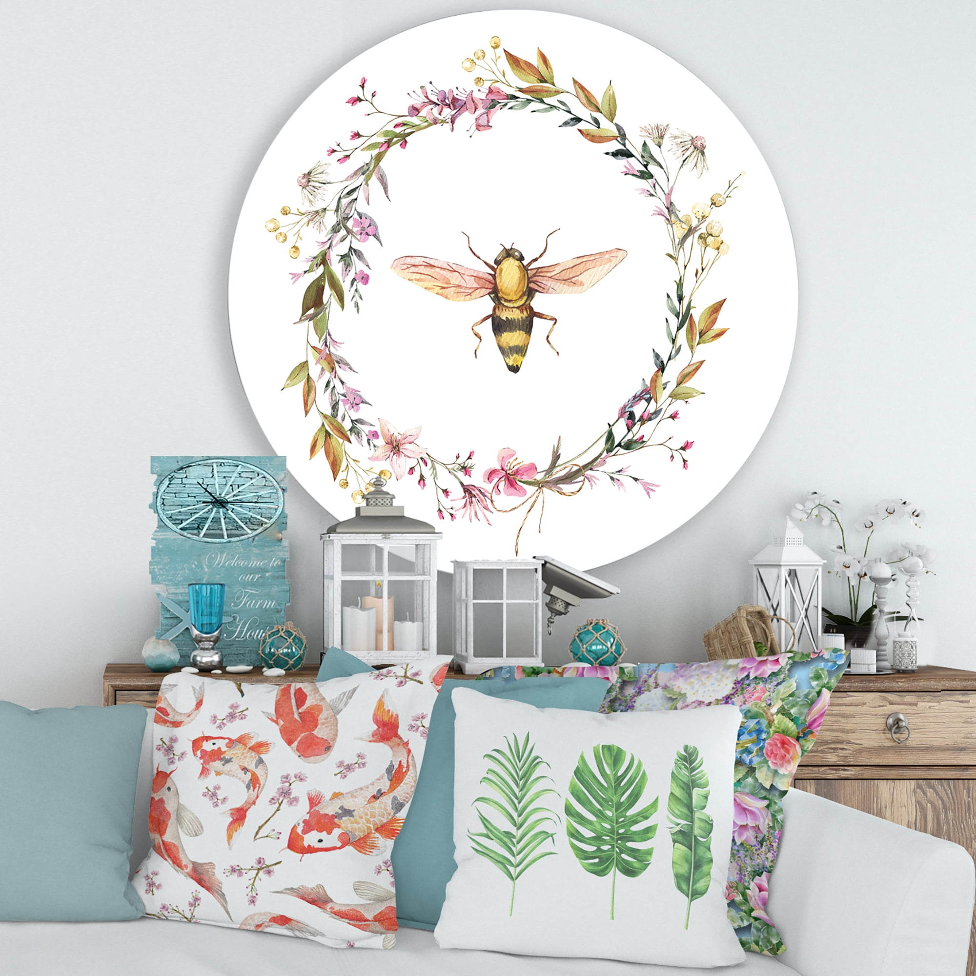 Designart 'Wildflowers Wreath and A Bee' Farmhouse Circle Metal Wall Art 29x29 - Disc of 29
