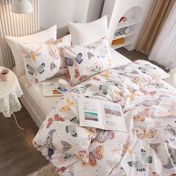 Twin Duvet Cover Kids Cotton Butterfly White Cute Bedding Set 3Pcs Ultra Soft Breathable Patterned Cartoon Comforter Boys Girls Toddler Teen