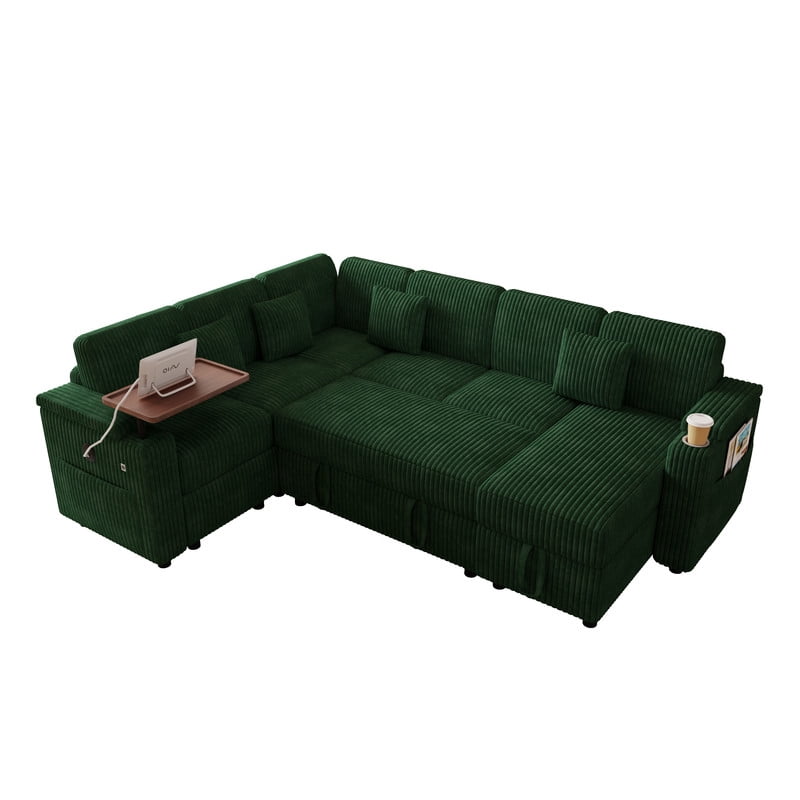 100"W L-Shaped Pull-Out Sofa Bed with USB Ports,Table Board,Cup Holder & Storage,7-Seat Corduroy Modular Sectional Sofa,Convertible Sleeper,Green