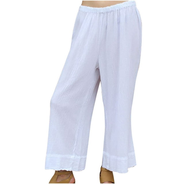 Bowake Pantalon Palazzo Décontracté en Coton et Lin pour Femmes, Taille Élastique, Court, Blanc