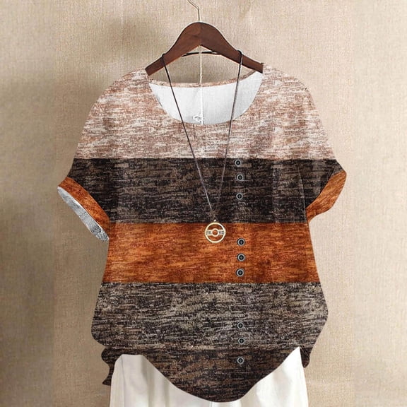 ITSAME Plus Size Blouses for Women, Crewneck Short Sleeve Color Blocking Casual Loose T-Shirts Brown Size M