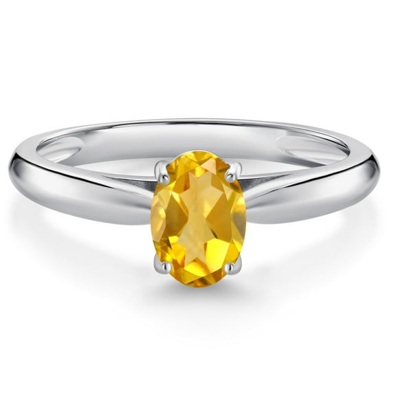 Gem Stone King 10K White Gold Yellow Citrine Solitaire Engagement Ring for Women (0.75 Cttw, Oval 7X5MM, Gemstone November Birthstone, Size 6)