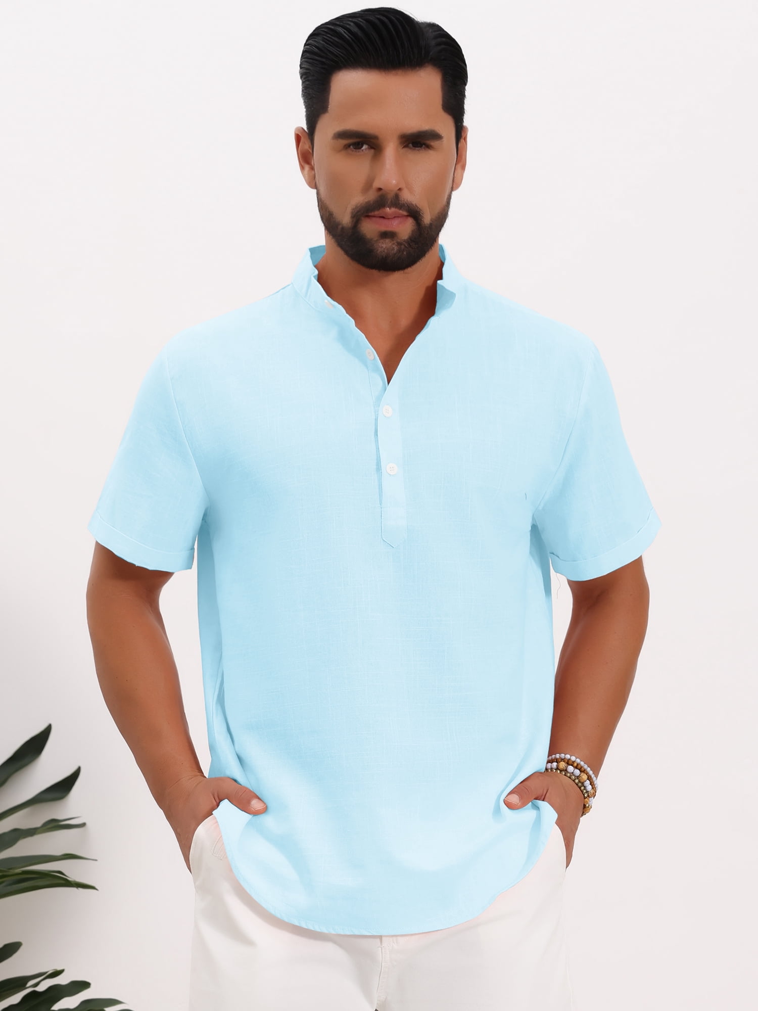 DARING DIVA Men's Solid Color Stand Collar Short Sleeve Henley Shirts M Light Blue