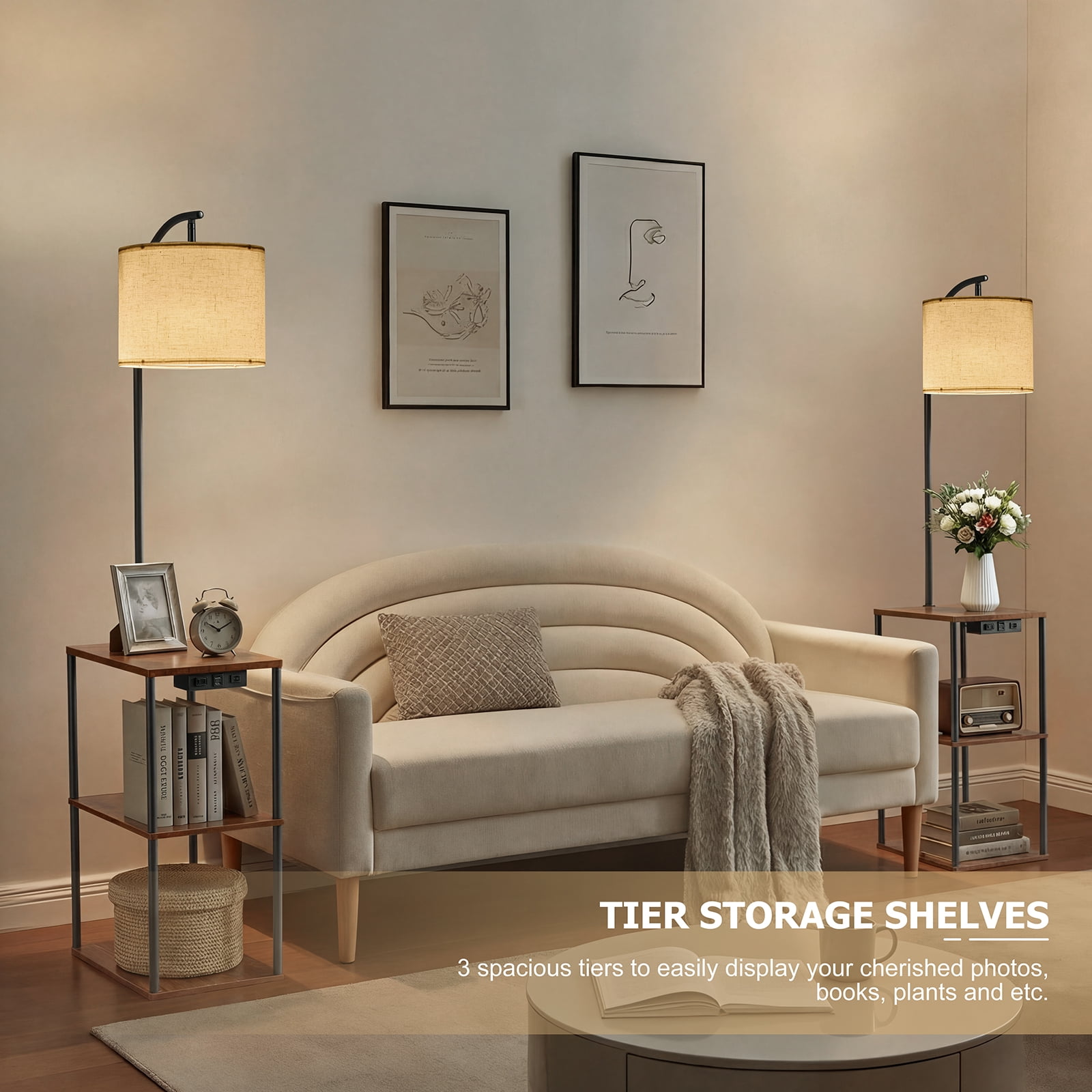 Vesteel Floor Lamp with Table, End Table with Charging Station(USB & Type-C & AC Port), Shelves Side Table with 3 Color Temperature LED Bulb, Nightstand Lamp for Living Room, Bedroom
