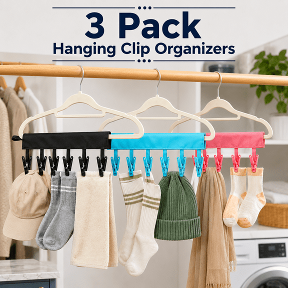 MORAVE 3-Pack Foldable Portable Mini Hangers with 6 Clips, Travel Clothes Pegs for Towel Sock Swimsuit Drying, Black Blue Red