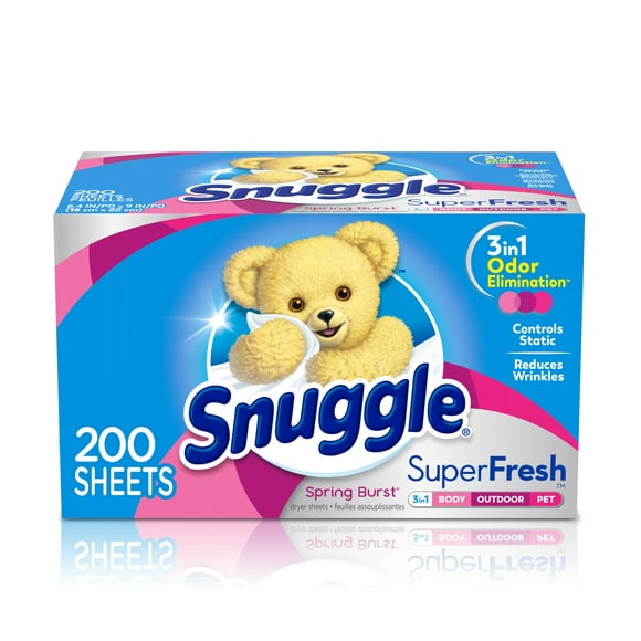 Snuggle Plus SuperFresh Fabric Softener Dryer Sheets with Static Control and Odor Eliminating Technology, Burst, White, 200 Count, Spring