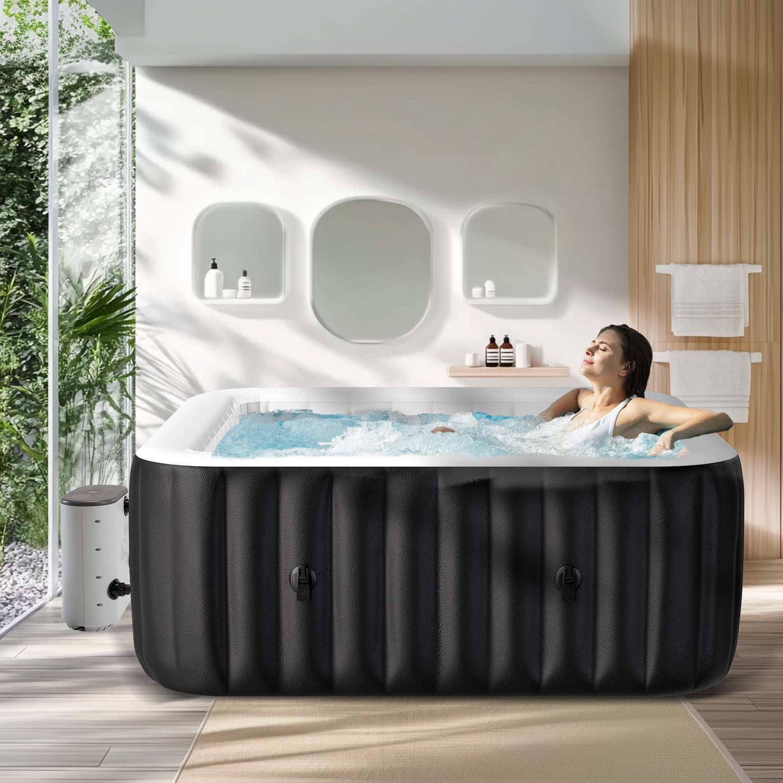 Slsy 4-6 Person Inflatable Square Hot Tub with 130 Bubble Jets, Built-in Heater Pump and Filter, 73"L x 73"W x 25"H