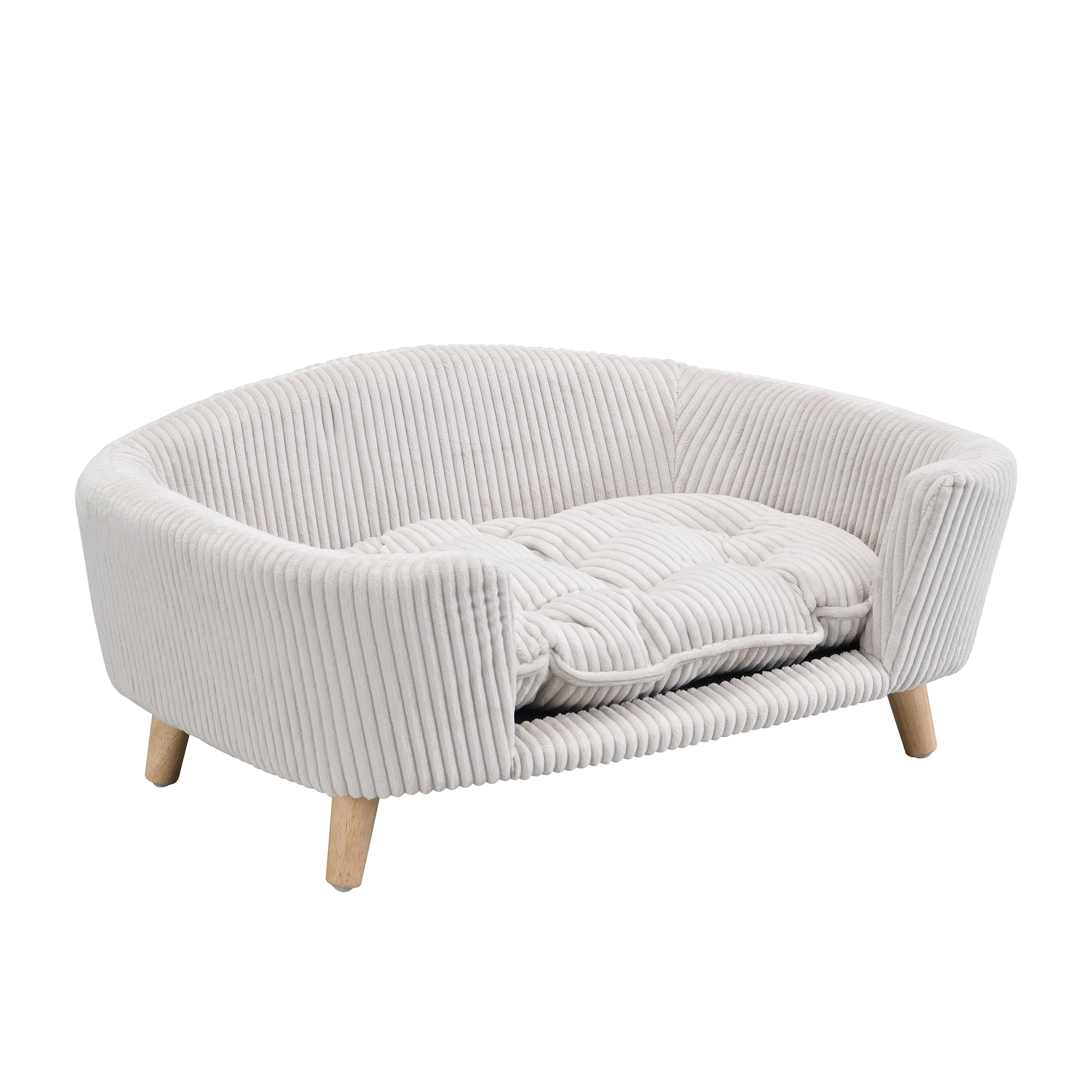 Elevated Dog Bed with Corduroy Fabric and Rubber Wood Legs, Orthopedic Pet Couch and Small Dog Sofa for Dogs up to 25 lbs, Beige