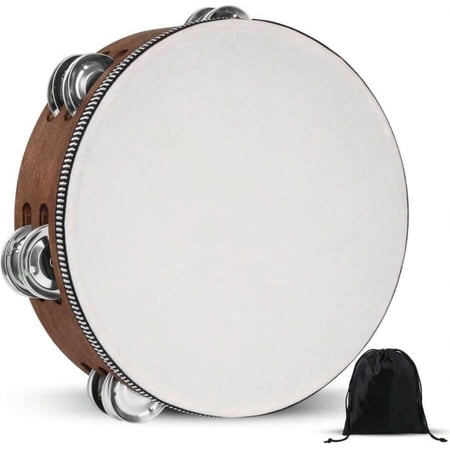 Handheld Wood Percussion Tambourine 8 Inch Single Row Jingles with Portable Storage Bag, Musical Instrument for Church, Weddings, Parties, Dance, KTV, and Professional Photo Shoots