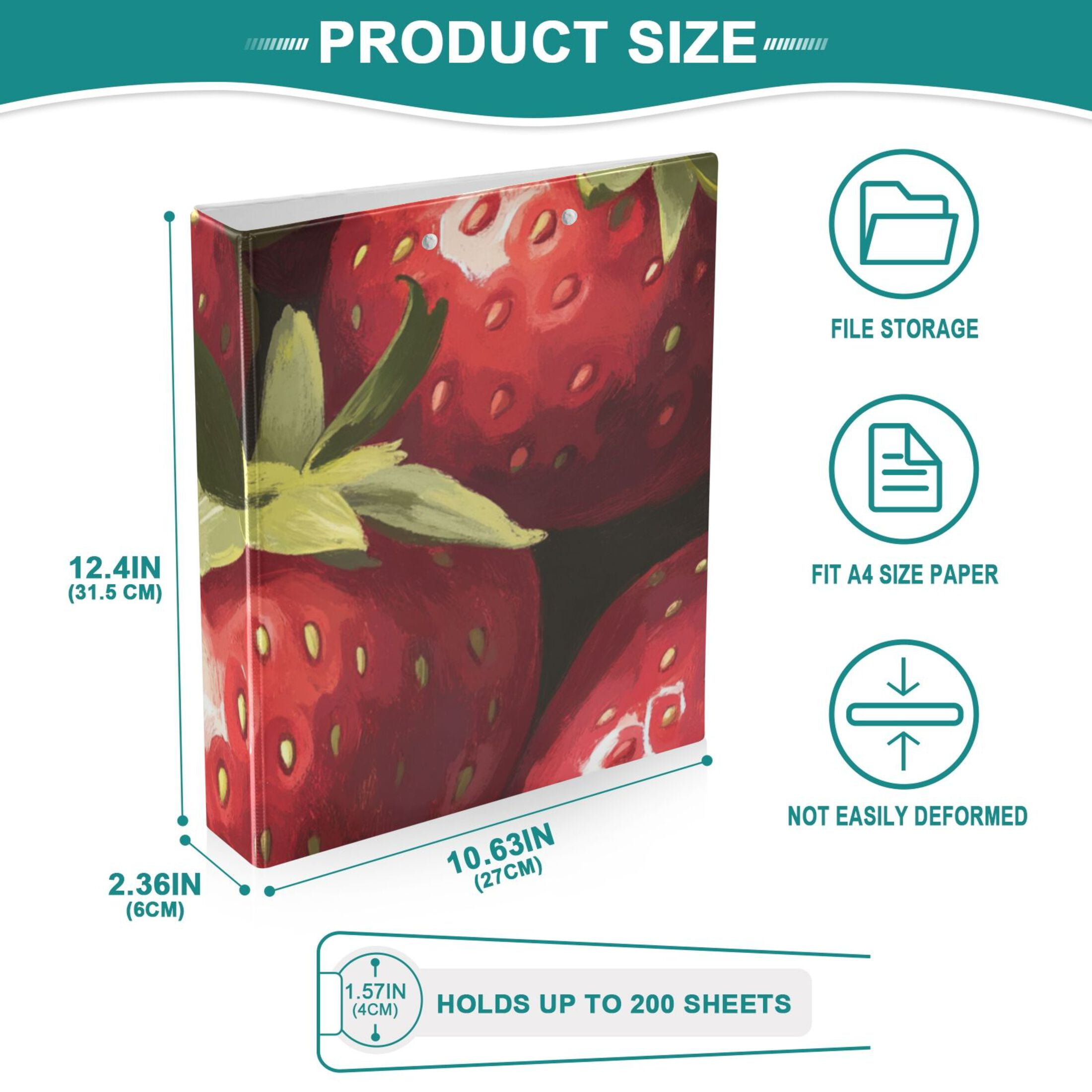 Many Strawberries 3 Ring Binders 1.5 inch Hardcover File Folders with Interior Pockets A4 Size Organizer for School Office Hospital