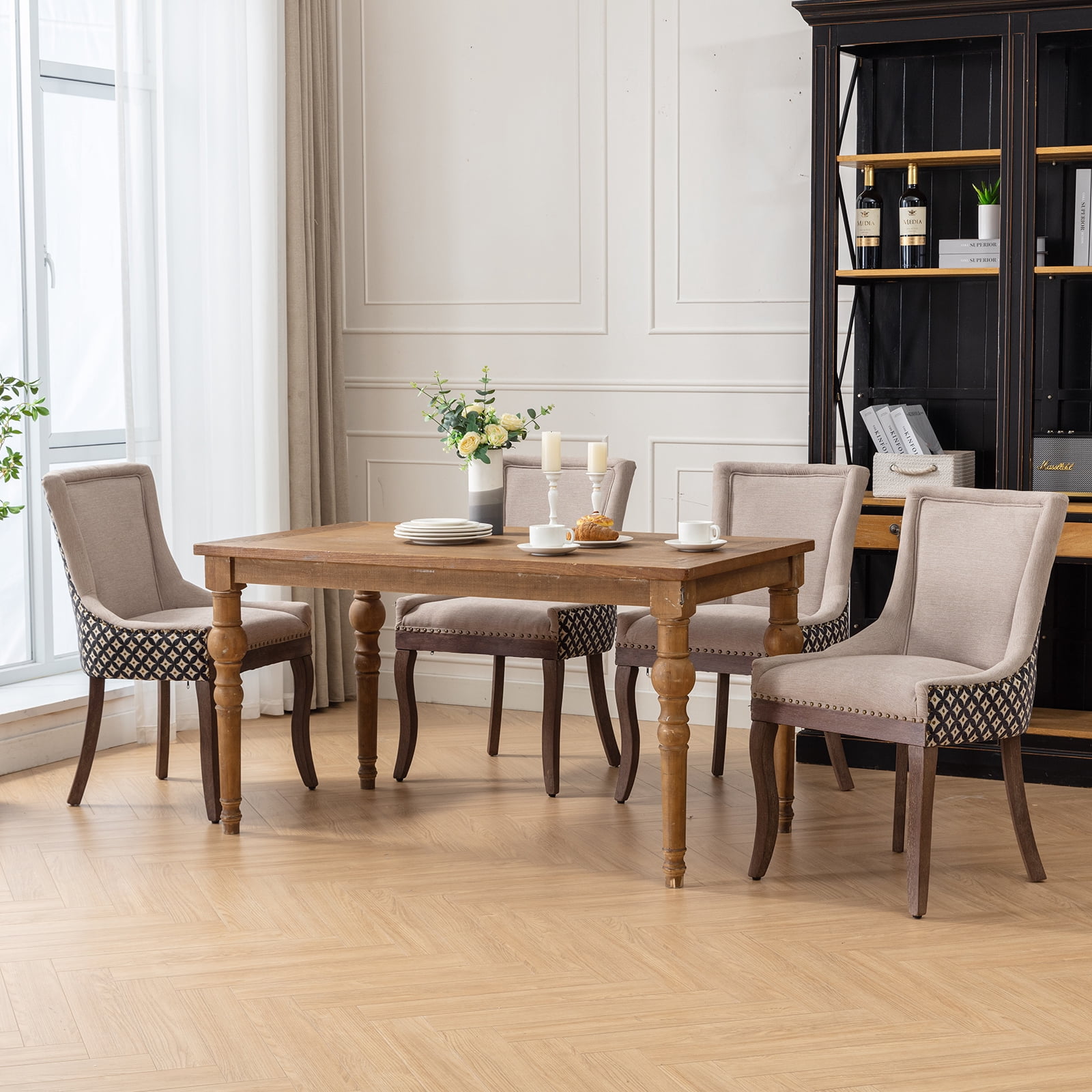 ODUSE-DAILY Dining Chairs Set of 4, Kitchen & Dining Room Chairs, Fabric Upholstered Dinning Chairs, Wooden Dining Table Chairs, Sillas De Comedor, Nailhead Trim, Wood Legs (Beige,Pattern, 4 Pcs)