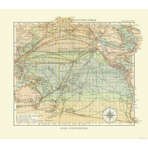 Historic Nautical Map - Pacific Ocean - Perthes 1914 - 26.06 x 23 - Vintage Wall Art