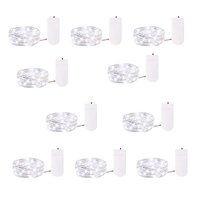 Guirnalda de luces de 10 LED con cable de cobre: cable plateado flexible, minicaja de pilas, 1 m de longitud; para fiestas, bodas y decoración navideña